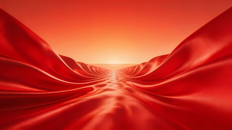 红绸涌动映霞光