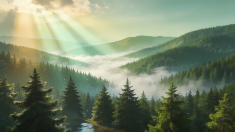 晨曦山林金光穿云