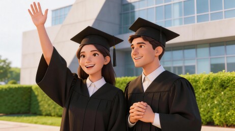 毕业礼上男女学生挥手致意