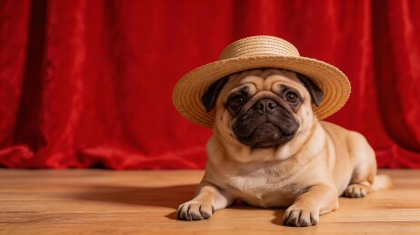 戴着草帽的巴哥犬