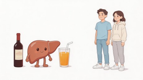 卡通肝脏与饮品人物互动图