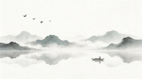 水墨山水画中孤舟与飞鸟