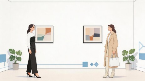 美术馆内两位女士欣赏画作