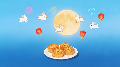 梦幻满月与白兔红苹果