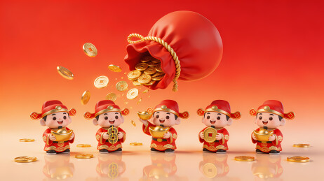 红色小人偶捧金元宝喜庆场景