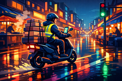 霓虹街头夜送快递的骑手