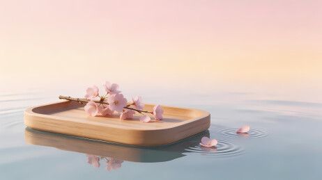樱花木筏漂浮水面