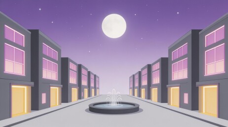 月夜下对称街道与中央喷泉的静谧街景