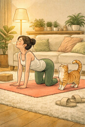客厅猫咪一起猫式伸展