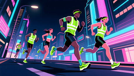 都市霓虹灯下时尚夜跑族在街道挥汗如雨健身