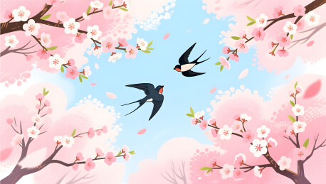 春风拂过桃花林新燕归来展现万物苏醒景象