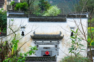 徽派建筑门罩砖雕瓦当细节特写