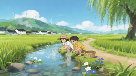 夏日乡村孩童捕鱼图