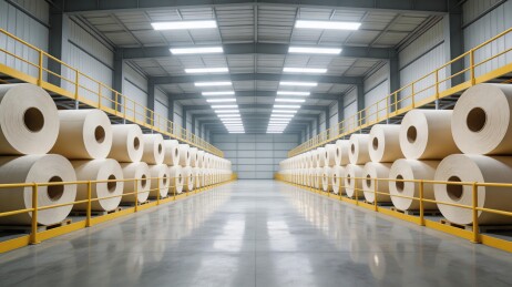 大型仓库内整齐堆放的纸卷
