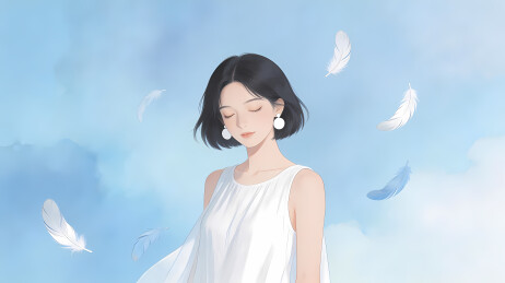 白裙女子与飘羽蓝天