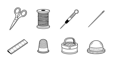 黑白线条描边缝纫工具手工作业素材