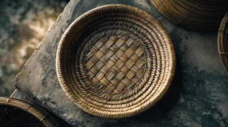 竹编圆形托盘木桌静物