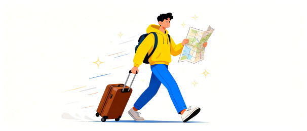 旅行者手持地图拖拉箱行走