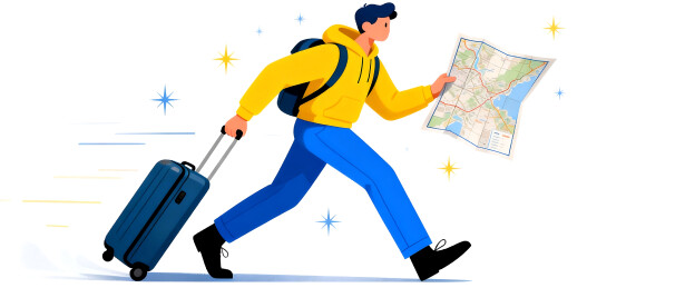 旅行者手持地图拖拉箱行走