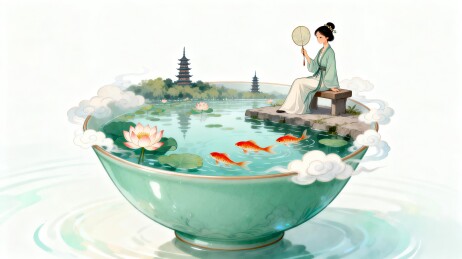 古风仕女碗中西湖国潮插画中式背景