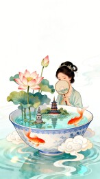 古风仕女碗中西湖国潮插画中式背景