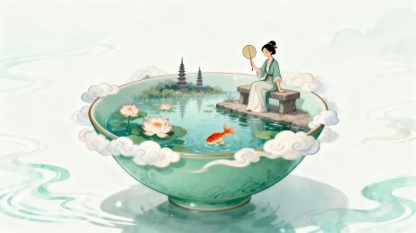 古风仕女碗中西湖国潮插画中式背景