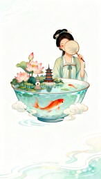 古风仕女碗中西湖国潮插画中式背景