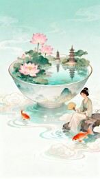 古风仕女碗中西湖国潮插画中式背景