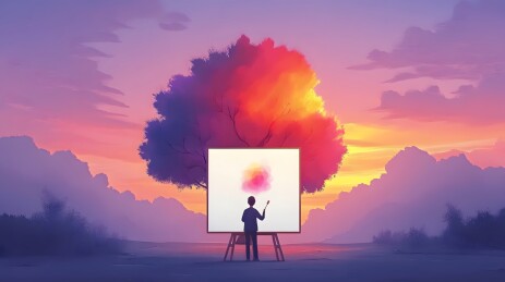 清晨曙光中的年轻画家与未完成的画作