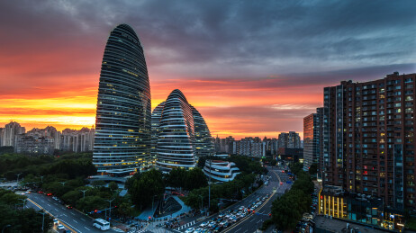 北京望京SOHO黄昏晚霞城市街道景观