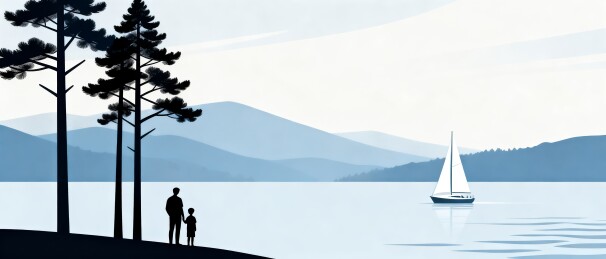 湖景父子剪影帆船治愈系商业主视觉
