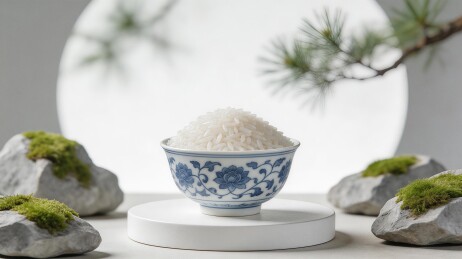 青花瓷碗盛白米饭配苔藓石景