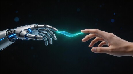 机械手臂与人类手掌传递蓝色能量流