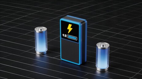 蓝色电池与电量显示设备并列展示图