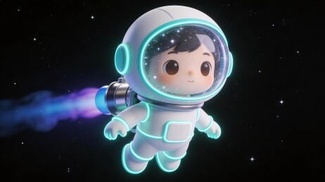 卡通宇航员在星空背景中飞行