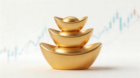 三枚金元宝叠放于金融图表背景前