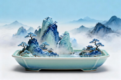 抽象水墨画千里江山和盆景