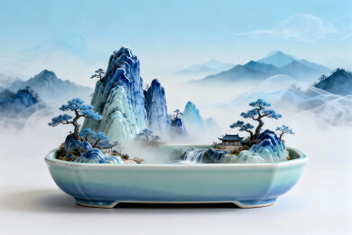 抽象水墨画千里江山和盆景