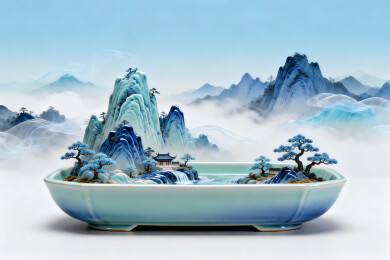 抽象水墨画千里江山和盆景