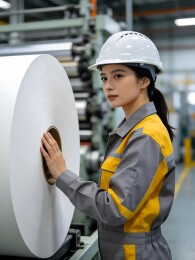 工厂女工检查大卷材料