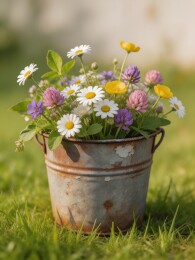 锈桶花束绿草地上