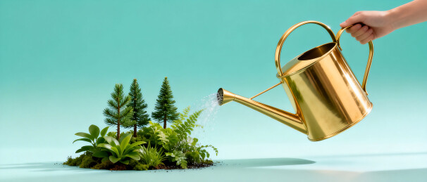 金色水壶浇灌微型绿植景观