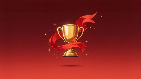 金色奖杯配红色飘带与闪光点缀