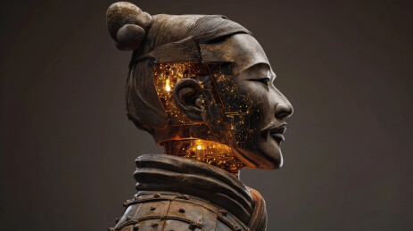 兵马俑侧面头部展示内部电路芯片科技感