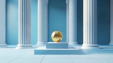蓝色简约建筑空间中的金色圆球与立柱