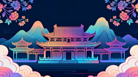 彩色古风建筑与山景