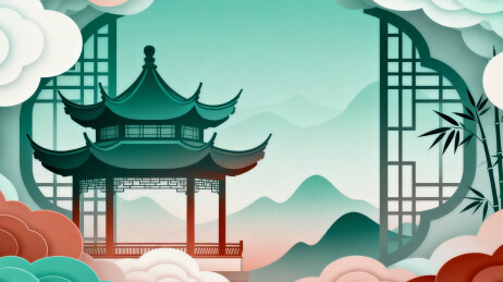 中式亭台山水风景插画