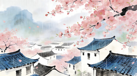 粉红樱花雨中传统中式村落屋檐
