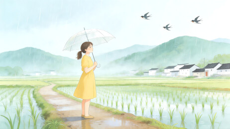 春雨乡间撑伞女孩漫步插画