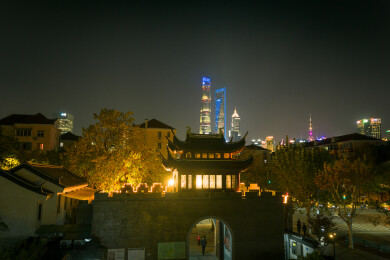 上海陆家嘴三件套与梅园公园古今同框夜景
